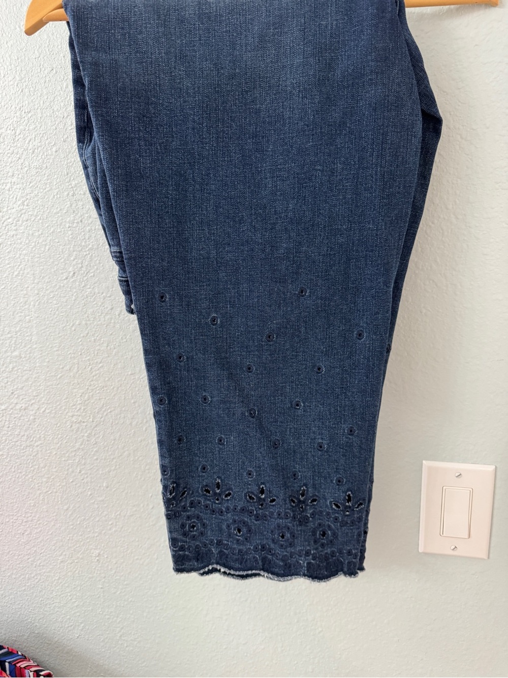 Chico's Dark Blue Cropped Jeans with Embroidered Eyelet Hem